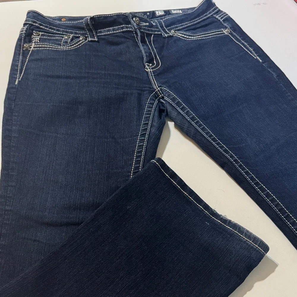 MISS ME Dark Indigo Easy Boot Cut‎ Jeans 29 Bedazzled Dark Blue Denim Rhinestone